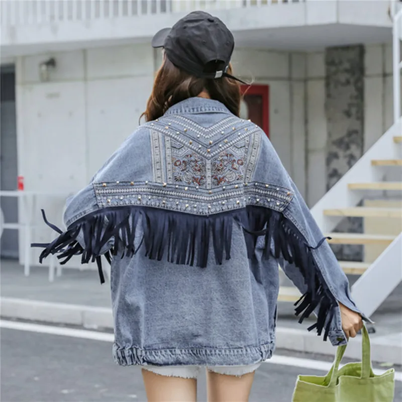 

New Fashion Denim Jacket Women Korean Floral Embroidery Suede Fringe Loose Coat Vintage Long Sleeve Jacket Outerwear Veste Femme