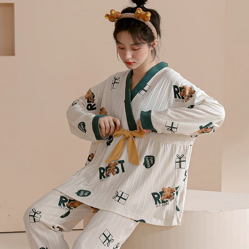 

Пижама женская на весну и осень, новинка, женская пижама, японское кимоно из хлопка, женский свободный пижамный комплект с длинными рукавами