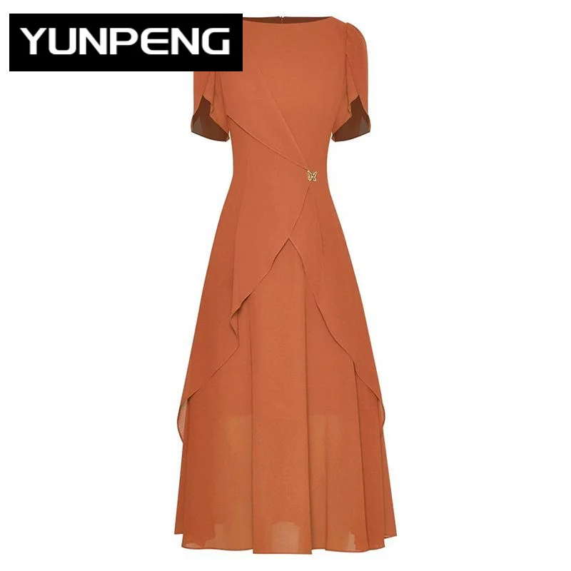 

Женское однотонное платье с коротким рукавом, модельное Брендовое платье с круглым вырезом и оборками, лето 2023