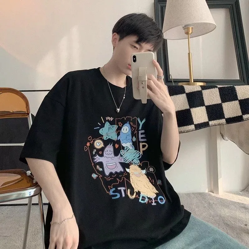 

Cartoon graffiti short sleeved men's summer fashion brand loose clothes oversize top trend versatile t-shirt men's wear