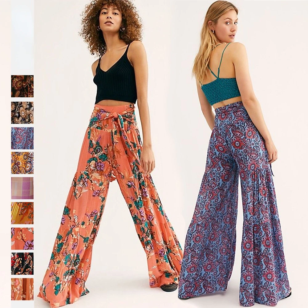 

Floral Digital Print Women Tie Rope Belt High Waisted Pants Casual Vintage Streetwear Wide Leg Pants Beach Vacation Flared Pant
