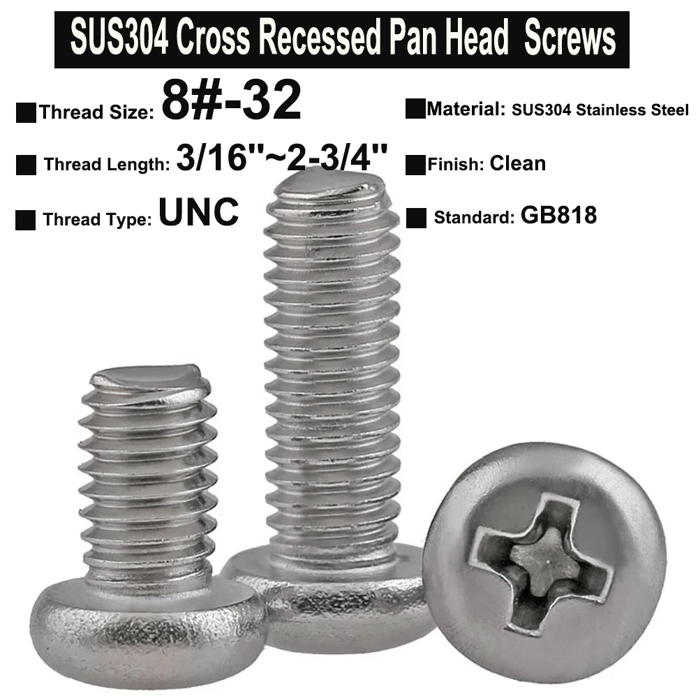 

10Pcs UNC Thread 8#-32x3/16''~2-3/4'' GB818 SUS304 Stainless Steel Cross Recessed Pan Head Phillips Screws Machine Screws