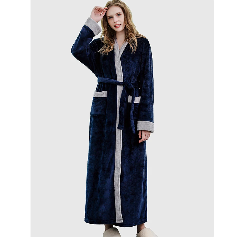Long Bathrobe Women Soldi Hooded Winter Warm Ladies Kimono With Sashes Flannel Thick Solid Fleece Dressing Gown For Female