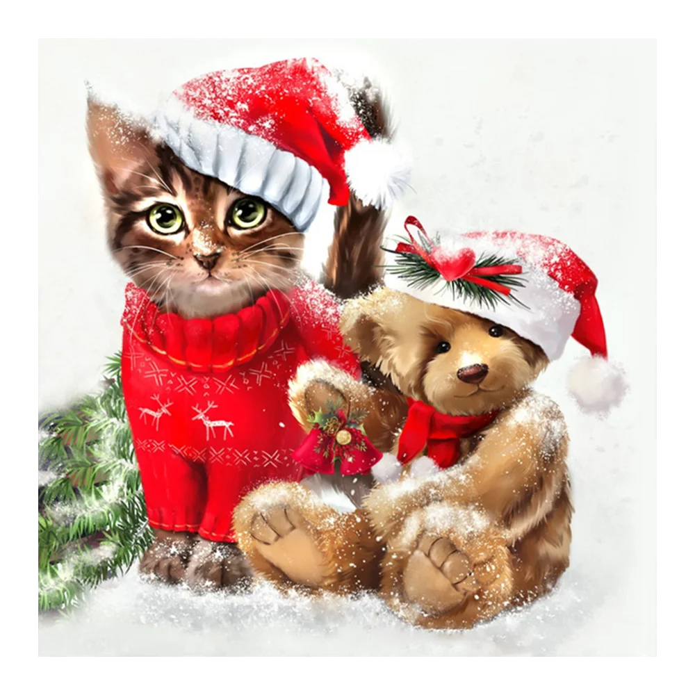 

Cat Stuffed Bear Christmas Present Diamond Painting Cartoon Round Full Drill DIY Needlework Mosaic Embroidery 5D Cross Stitch