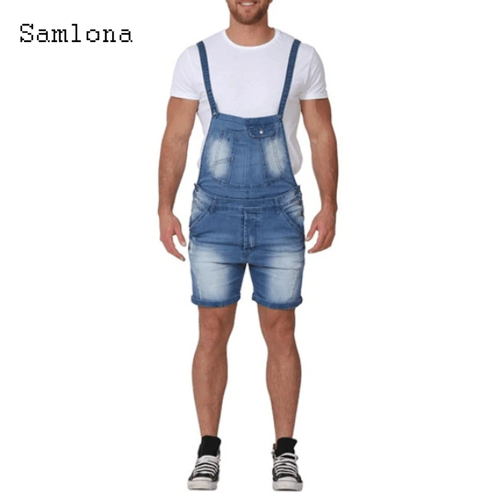 Men's Patchwork Jeans Fashion Denim Shorts Casual Multi-Pocket Suspender Rompers Jeans 2022 New Summer Frayed Jeans Overalls