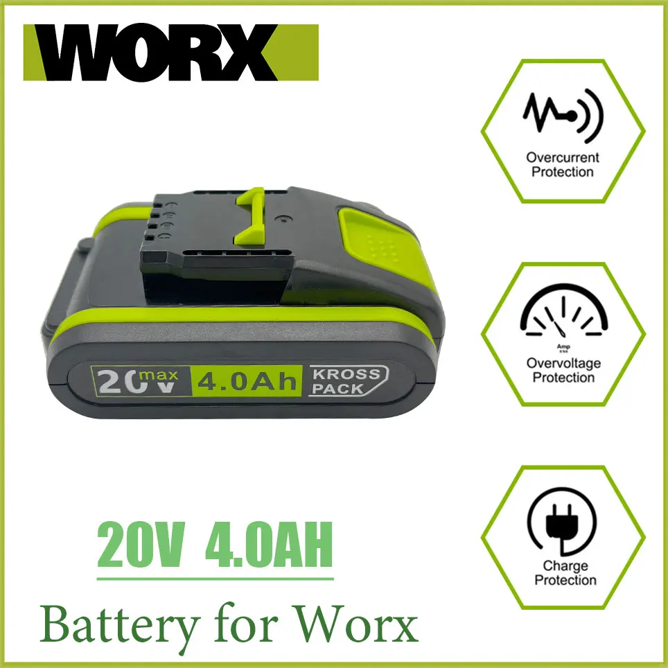 

Worx New Power Tools Rechargeable Replacement Lithium Battery 20V 4000mAh for Worx WA3551 WA3553 WX390 WX176 WX178 WX386 WX678