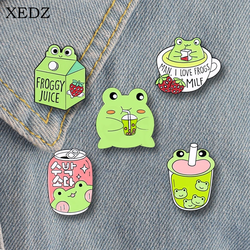 

I Love Frog Enamel Pin Bubble Drink Can Froggy Juice Brooch Lapel Badge Funny Animal Jewelry Gift for Kids Friends