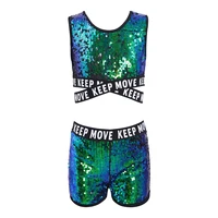 kids girls sparkling sequins jazz dance costumes hip hop dancing performance outfits shiny tank crop top with shorts dance set