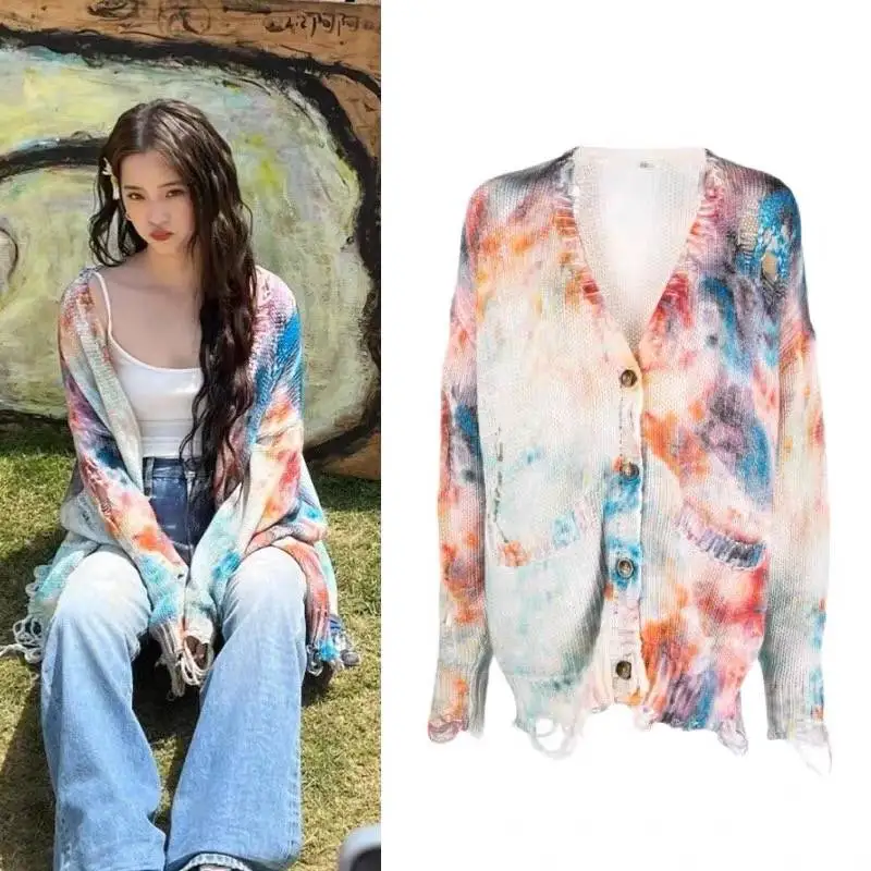 

Runway Sweater for Women Colorful Knitted Cardigans Hole V-Neck Knitwear Loose Jackets Femme Dye Print Knit Outwear y2k H317