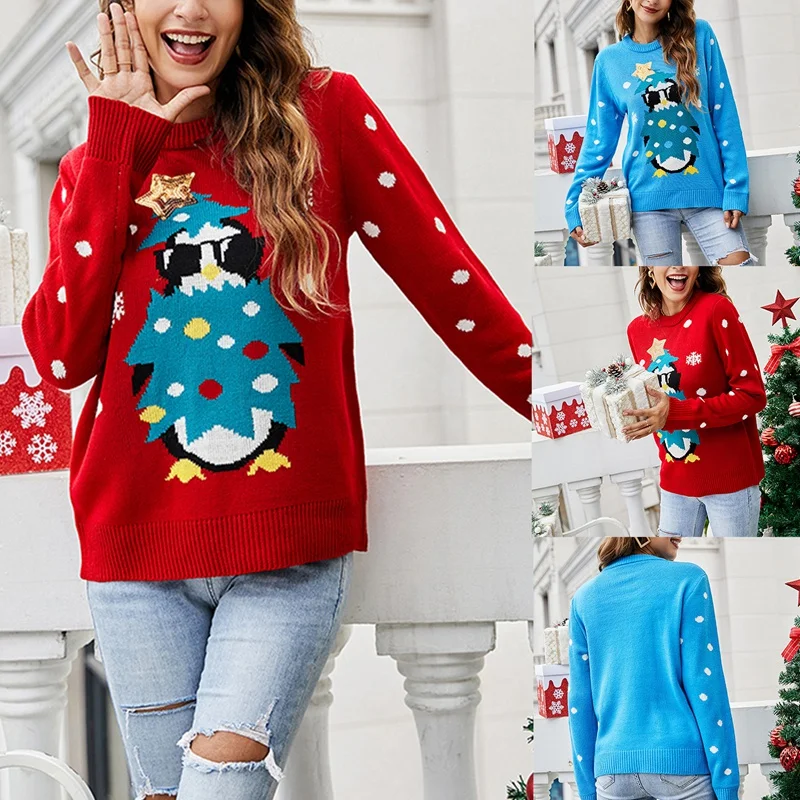 

Christmas Penguin Printed Knit Women Sweater Winter Fashion Warm Loose Pullover Lady Elegant All-Match Sweater