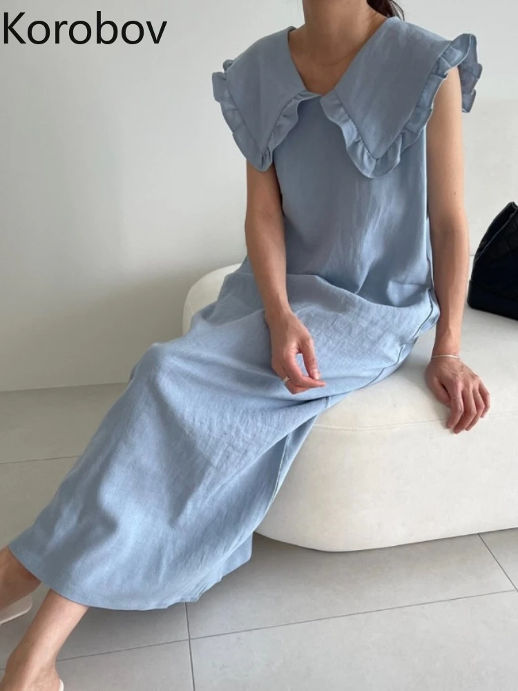 

Korobov Vintage Korean Robe Solid Color Chic Summer French Large Lapel Temperament Sleeveless Simple Fashion Vestido Feminino