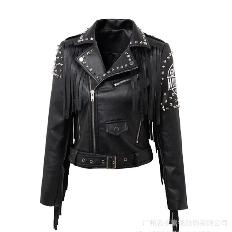 Motorcycle leather jacket womens European new spring autumn personality rivet tassel clothes spring autumn кожаная куртка женска