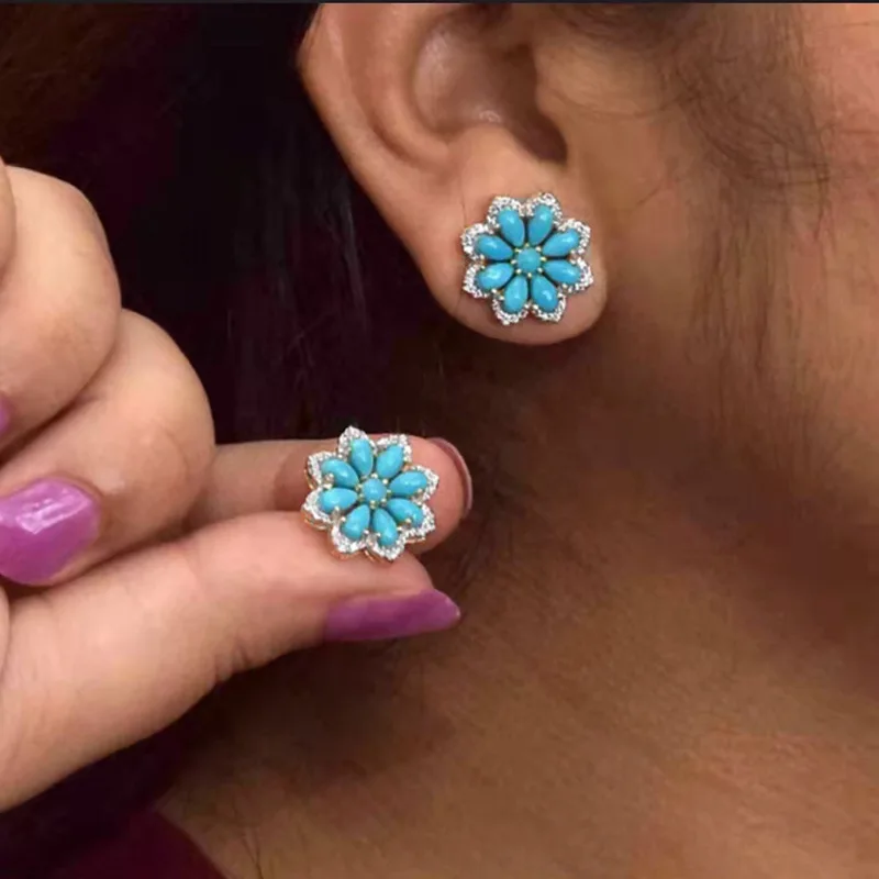 

WANGAIYAO new fashion temperament wild bohemian retro turquoise earrings female snow flower diamond ancient silver earrings jewe