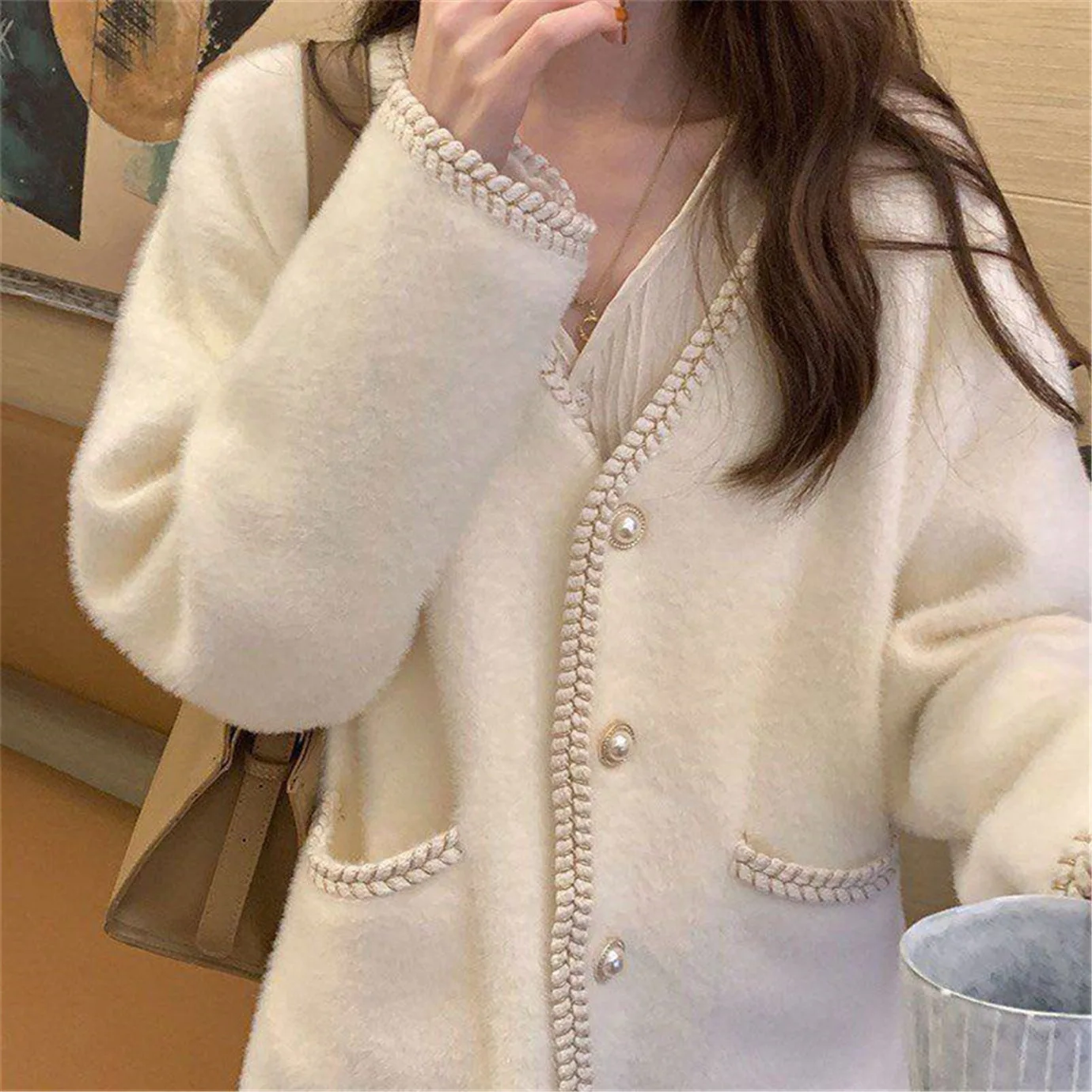 

New Women's Winter Imitated Mink Coat New Casual Short Solid Single-breasted Knitting Cardigan Korean Version Loose Languid Wind
