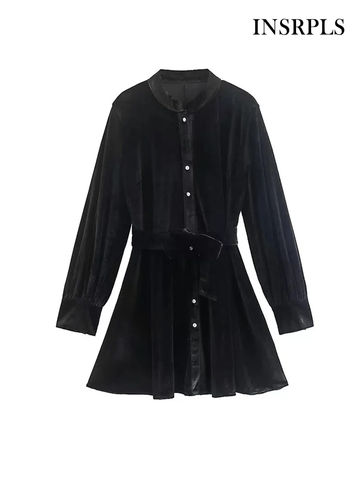 

Женское бархатное мини-платье с поясом, с длинным рукавом