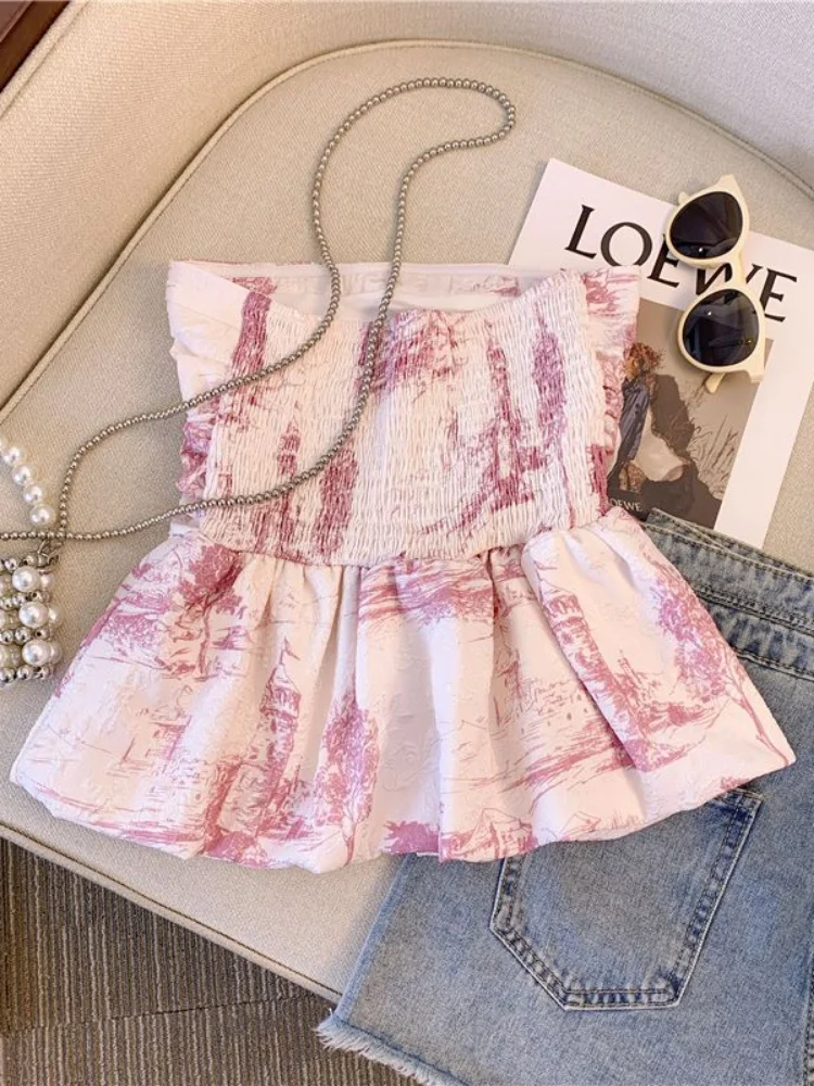 

Женская блузка 2023, Модный женский топ-труба, Женская темпераментная приталенная Майка с принтом, Корейская летняя одежда Y2k