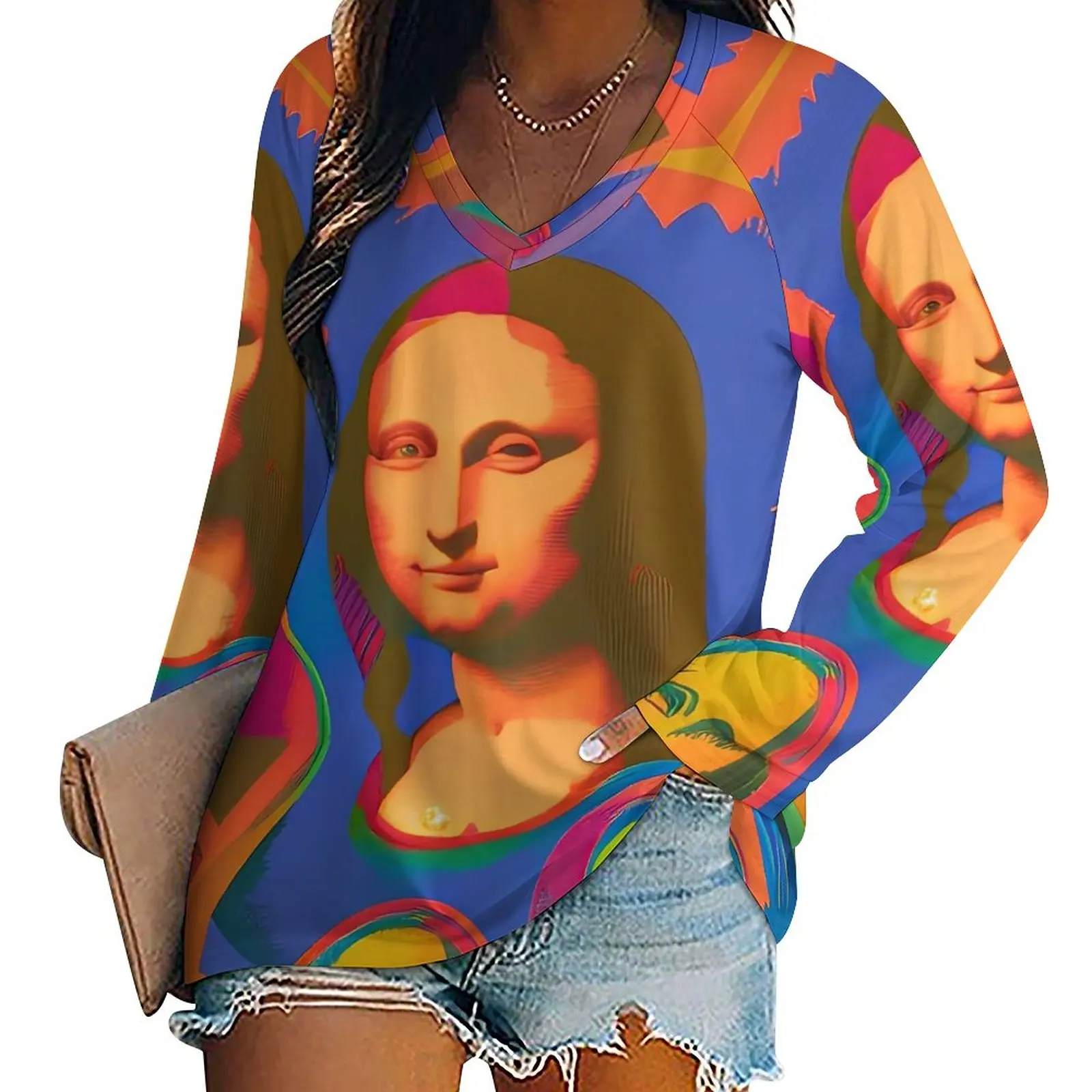 

Футболки Mona Lisa, красочная художественная Повседневная футболка с длинным рукавом, современные графические футболки, женская одежда большого размера