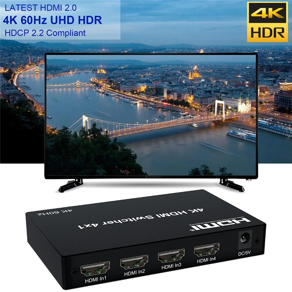 

Новинка 4 порта 18 Гбит/с 3D HD 4K 60 Гц HDMI 2,0 переключатель 4x1 HDMI коммутатор с поддержкой порта 3,5 мм наушники из оптического волокна цифровая фотог...