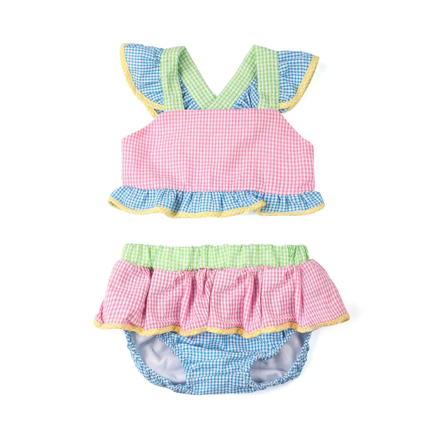 

New Arrival Baby Girl Swimsuit Seersucker Strip Toddle Girls Children Bikini Swimwear Ruffle Bow Bathing Suit Set