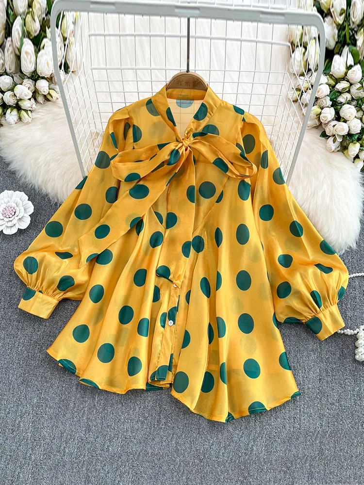 

Women's Spring Shirt New All-match Chiffon Bow Tie Long-sleeved Polka Dot Printed Japan-style Top Blouse Woman Blusas D1017