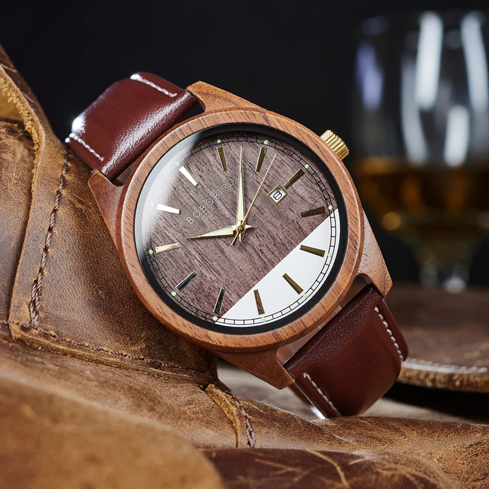 BOBO BIRD Часы мужские кварцевые с кожаным ремешком и деревянным