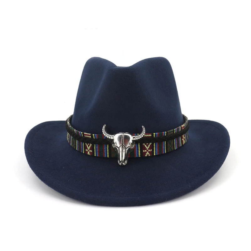 

Wide Brim Western Cowboy Jazz Hat Cap Men Women Wool Felt Fedora Hats Ribbon Metal Bullhead Decorated Black Panama Cap