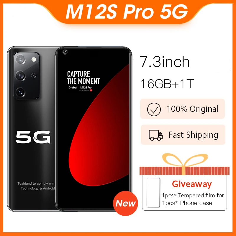 2022 New Original M12S Pro Smartphone 7.3 Inch 16GB+1TB 6800mAh 5G Network Unlock Cell Phone Mobile Phones Global Version