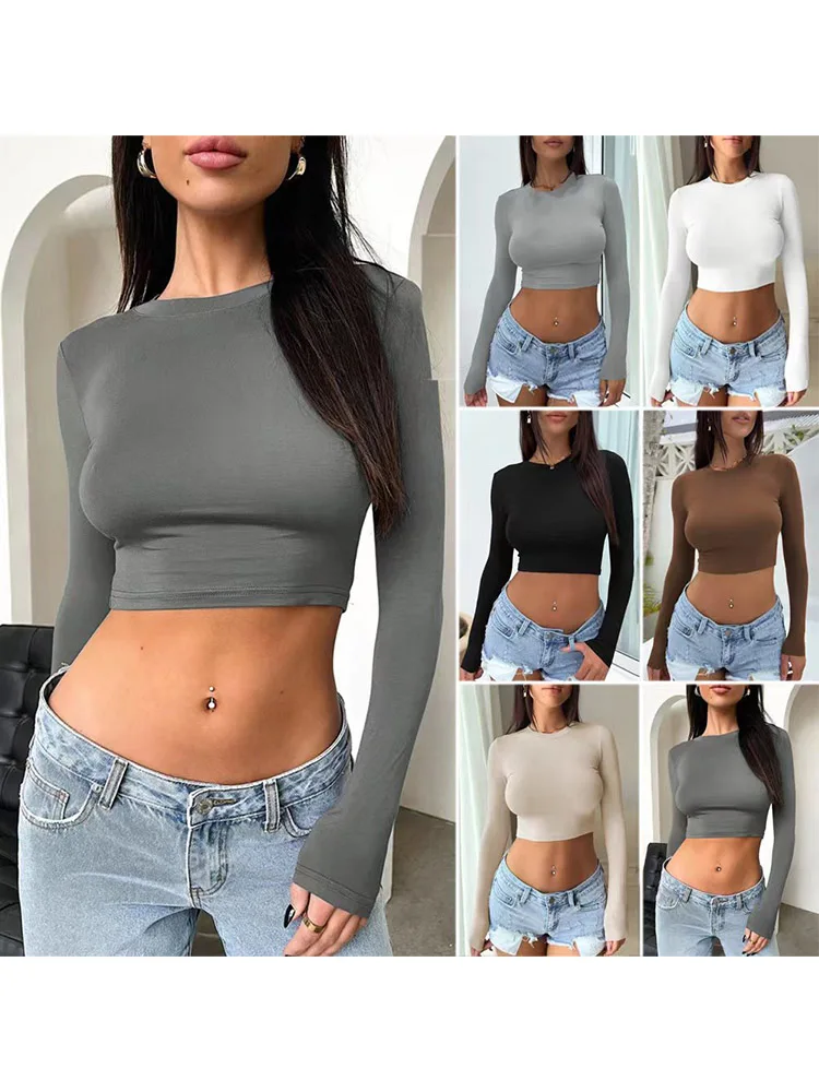 Женская Однотонная футболка осенняя эластичная повседневная майка женские