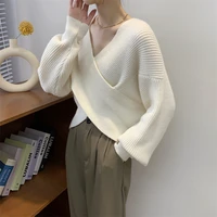 new 2022 winter spring women pullover cross v neck pull sexy off shoulder sweater knitted korean elegant lady jumpers streetwear