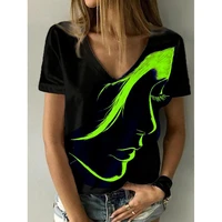 fashion womens abstract portrait painting t shirt plus size print summer v neck basic tops black 3d print shirt