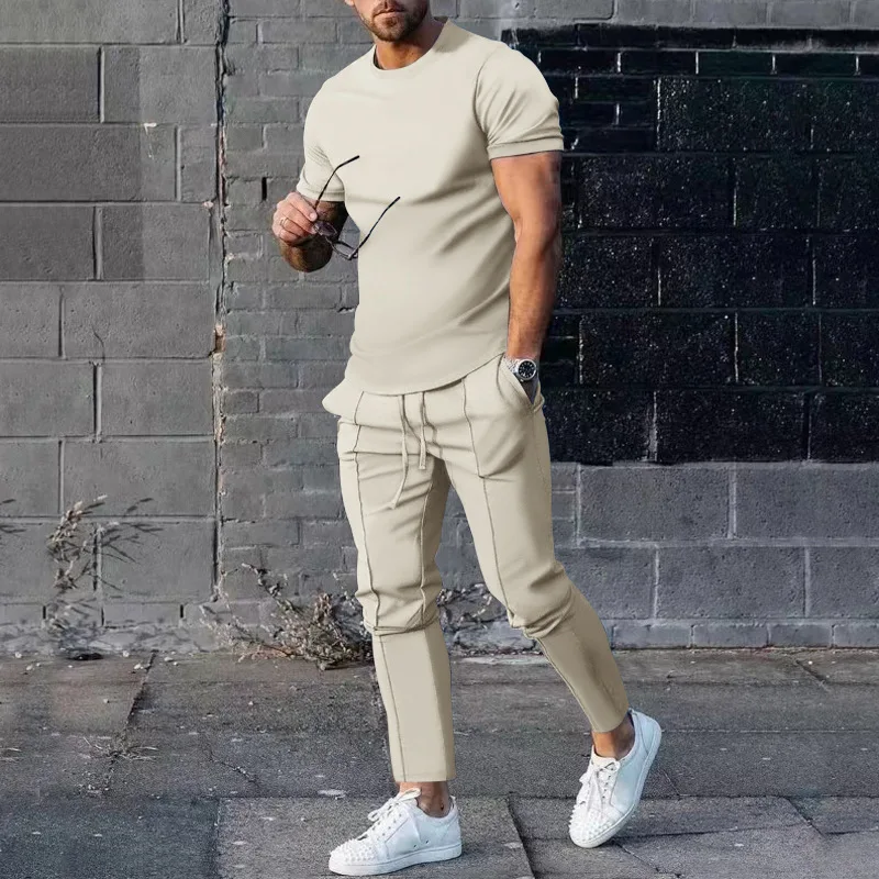 Men's Solid Color Personalized Set Casual Fashion Men's Pants Set Men's Spring/Summer 2023 Two Piece Short Sleeve T-shirt Men