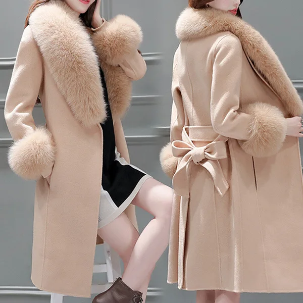 Woolen Coat Women's Medium Long Korean Version New Winter Slim Tie Big Woolen Collar Woolen Collar Coat