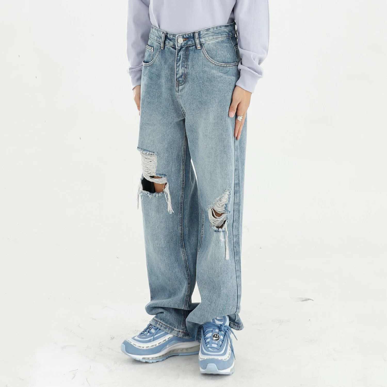 Men's Jeans High Street Ripped Mopping Pants Loose Washed Straight Casual Men's Loose Jeans Y2k Pants Men's Pants Ins Hot Sale