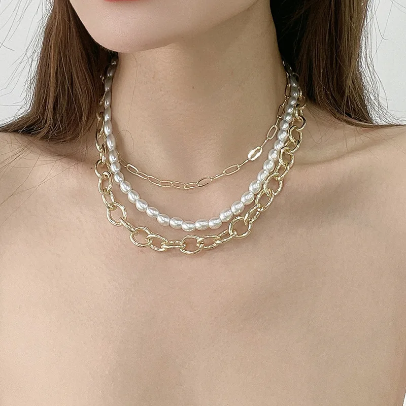 

Multi-layer Metal Necklace Women's Charms Cuban Chain Pearl Necklaces