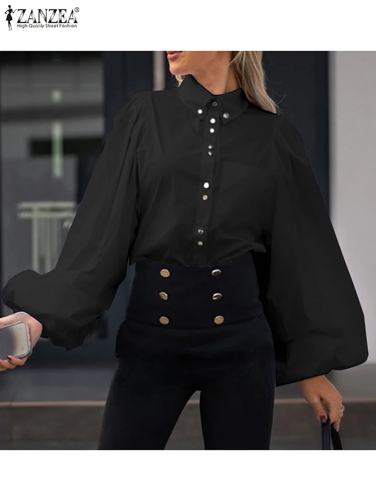 

Блузка ZANZEA с отложным воротником и пышными рукавами, модная белая блузка с пуговицами и карманами, однотонная Универсальная женская рубашк...