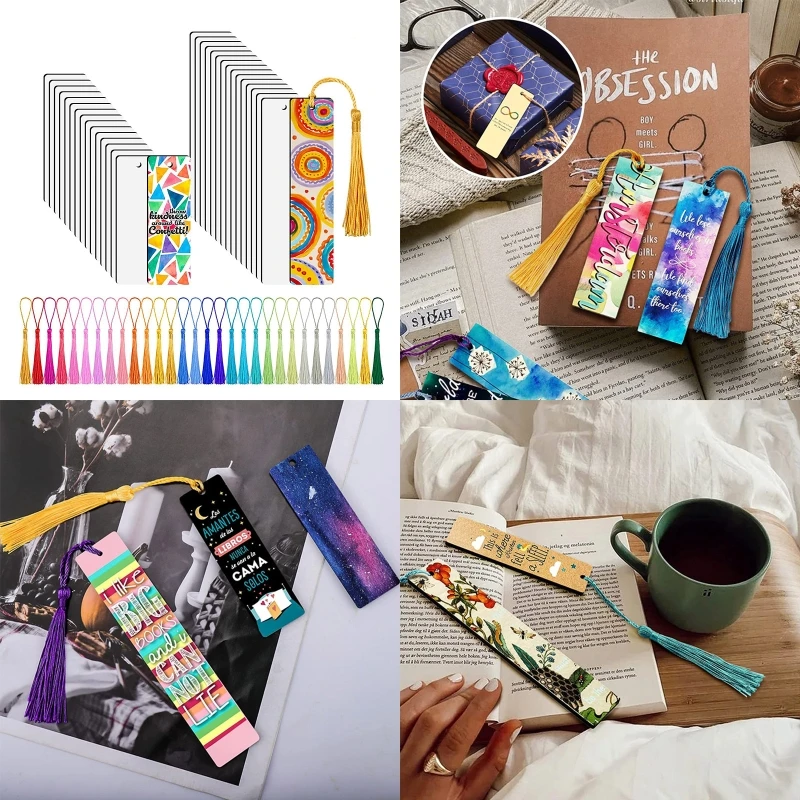 

30 Pieces Sublimation Blank Bookmarks Products with 30 Pieces Colorful Tassel Diy Bookmark Craft Projects Accessories
