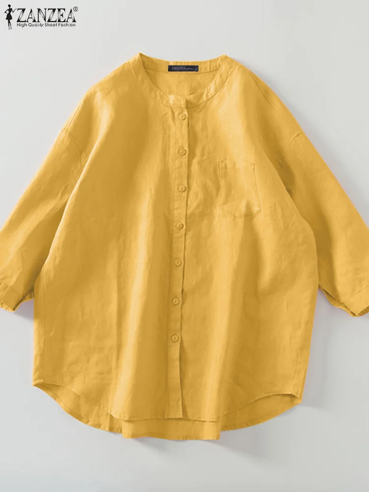 

ZANZEA Spring Woman Stylish Shirt Femme Elegant Work Loose Blouse Long Sleeve O-Neck Chemise Solid Color Casual OL Blouses 2023