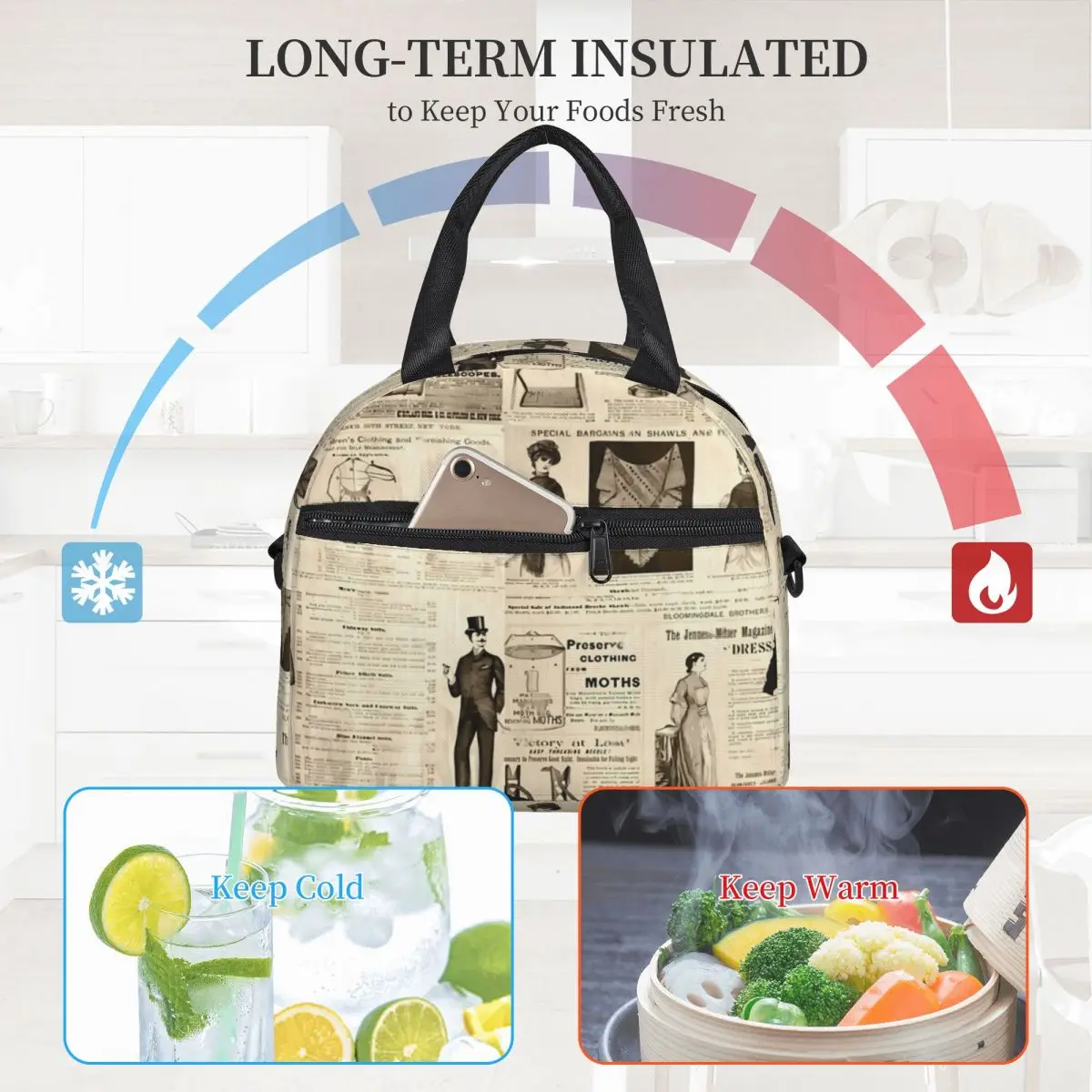 

Vintage Newspaper Lunch Bag Advertisements Print Picnic Lunch Box Vintage Print Thermal Tote Handbags Waterproof Cooler Bag