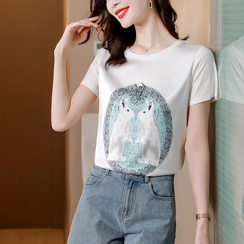 

Nylon Cotton Women's T-shirt Summer Loose Top Cartoon Print Short Sleeve Korean Fashion O-Neck Casual Tees Movafag