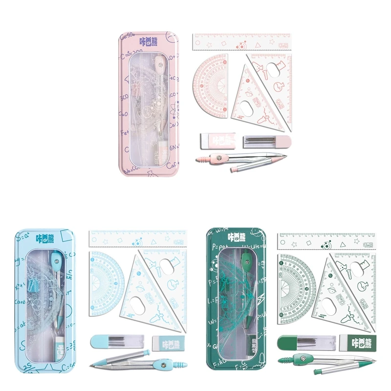 

8 Pcs Math Geometry Kit with Rulers Protractor Compass Eraser Refills & Metal Box School Supplies for Drafting & Drawing