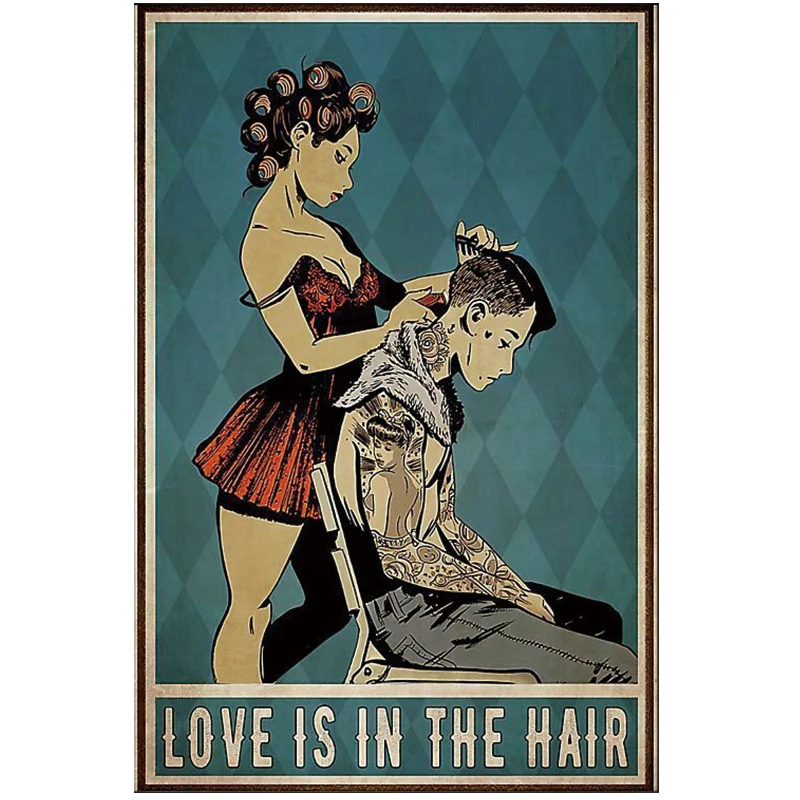 

Love Is In The Hair плакат парикмахера металлический жестяной ретро-постер для дома, бара, паба, металлический знак
