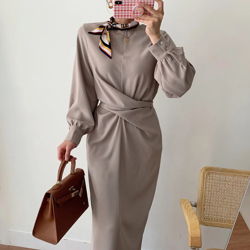 

Spring Summer 2021 Korean Elegant Ladies Mid-length Dress Aesthetic O-neck Lace-up Long Sleeve Female Dress Split Women Vestidos
