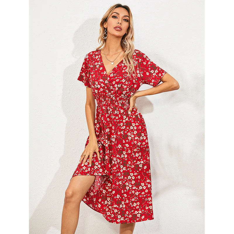 

Summer 2022 New Chiffon Party Dress Retro Dress CasualYellow Red Floral Women Sexy V-Neck Short Sleeve A-Line Long Beach Dress