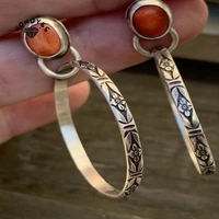 new ethnic square coral stone drop earrings vintage jewelry silver color metal carving pattern round dangle earrings for women