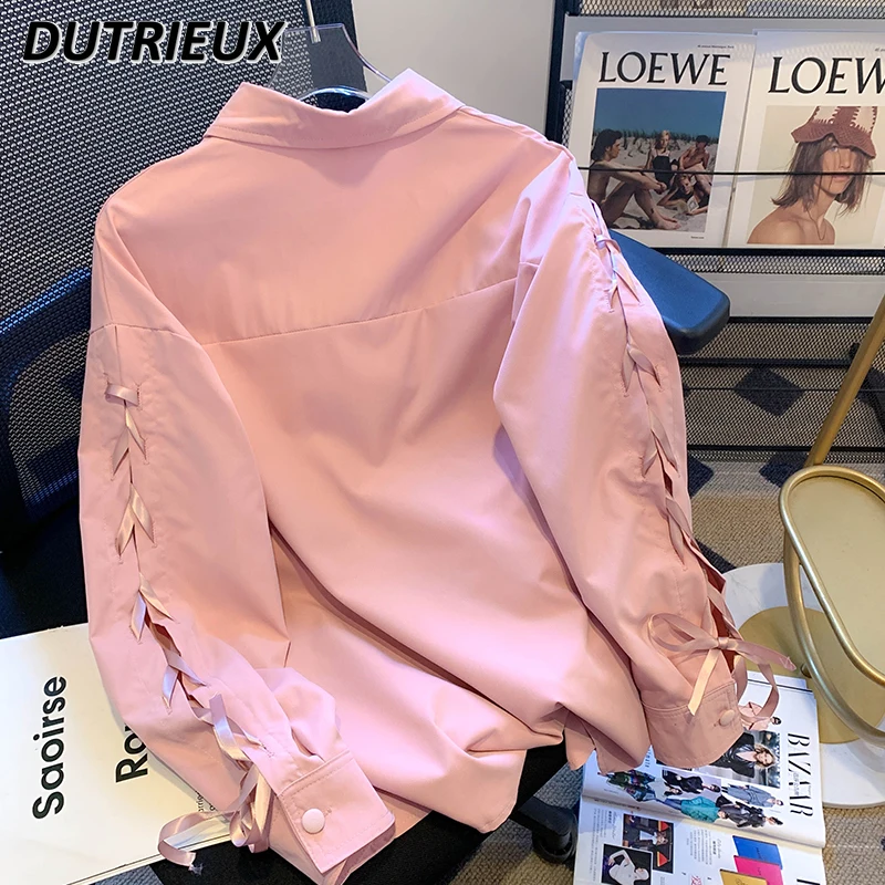 

Kawaii Sweet Pink Bandage Bow Shirt Women 2023 Early Autumn New Western Style Button Long Sleeve Blouse Top Lady Camisa Feminina