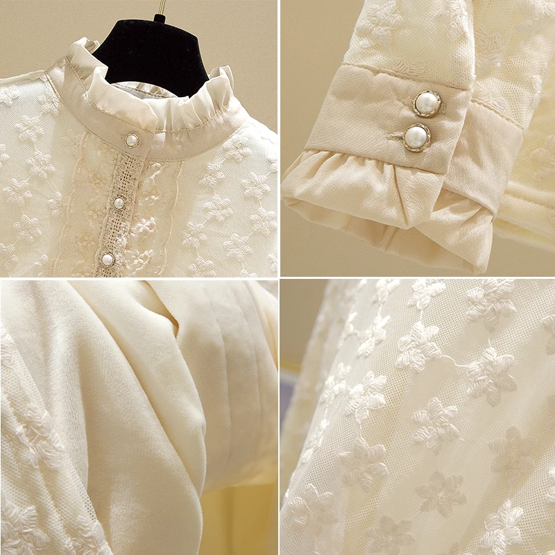 Plus Size White Lace Bottoming Shirt Women Autumn and Winter Fleece-lined Warm Mesh Embroidered Long sleeve Stand Collar West...