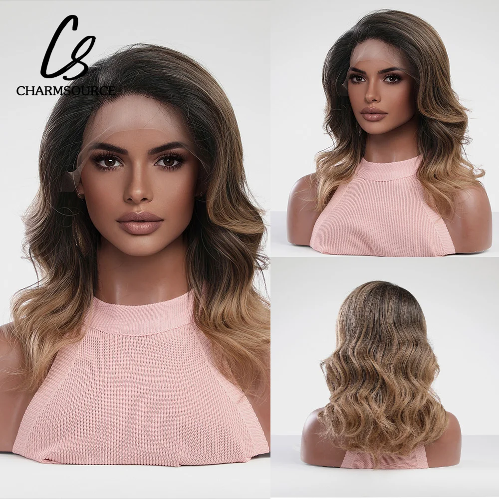 

CharmSource Ombre Brown Blonde Lace Front Synthetic Wig Body Wavy Wigs for Women Daily Party High Density Heat Resistant Fiber