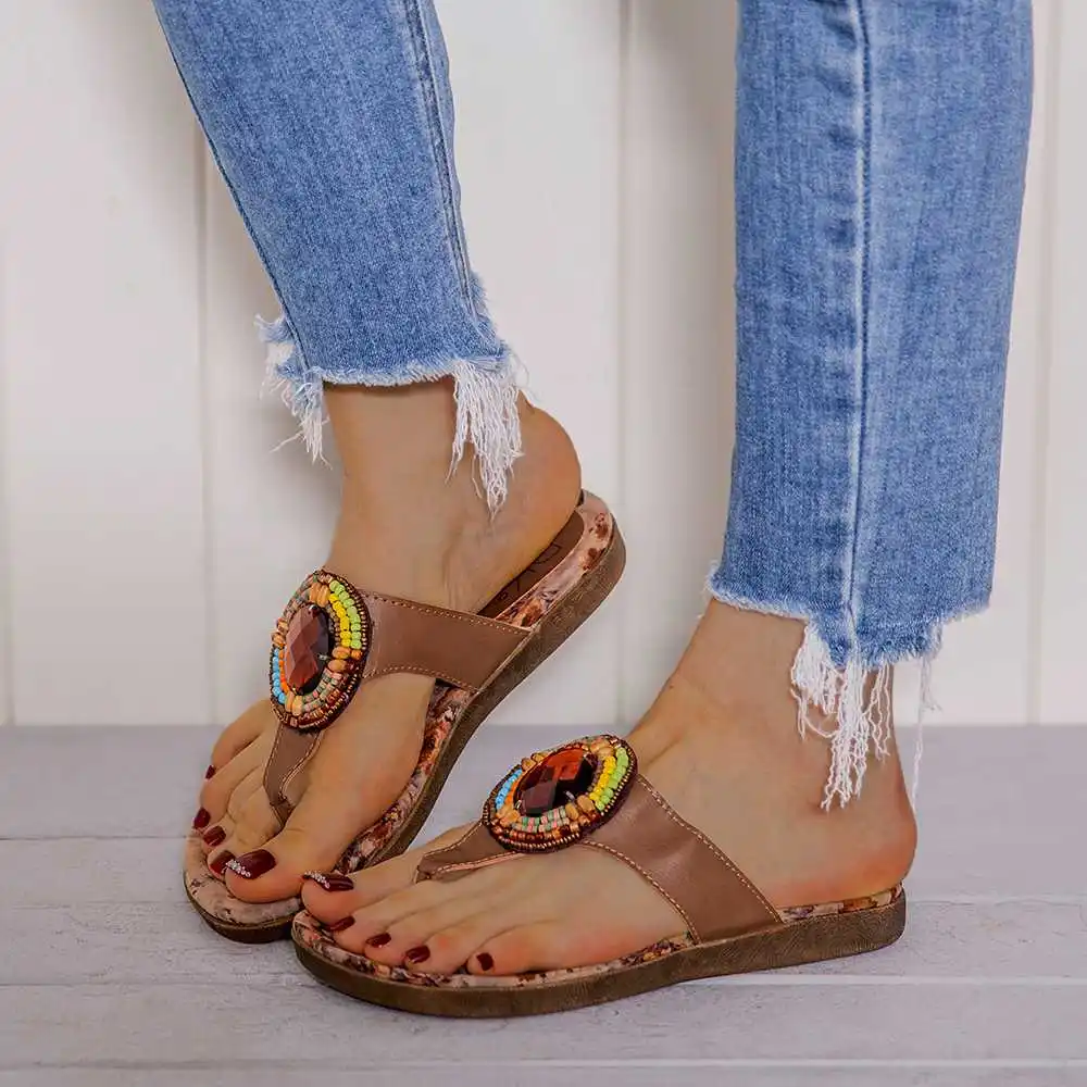 

2022 New Beaded Flip Flops Flower Printing Clip Toe Beach Sandals Thick Bottom Platform Flip Flops Anti-slip Comfortable Shoes