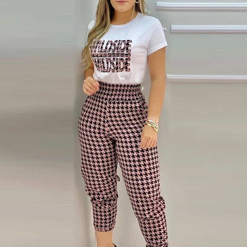 Women Autumn Plaid Patchwork Tracksuit sets Elegant pullovers +Drawstring long Pants Set Female casual sport Two Piece Sets