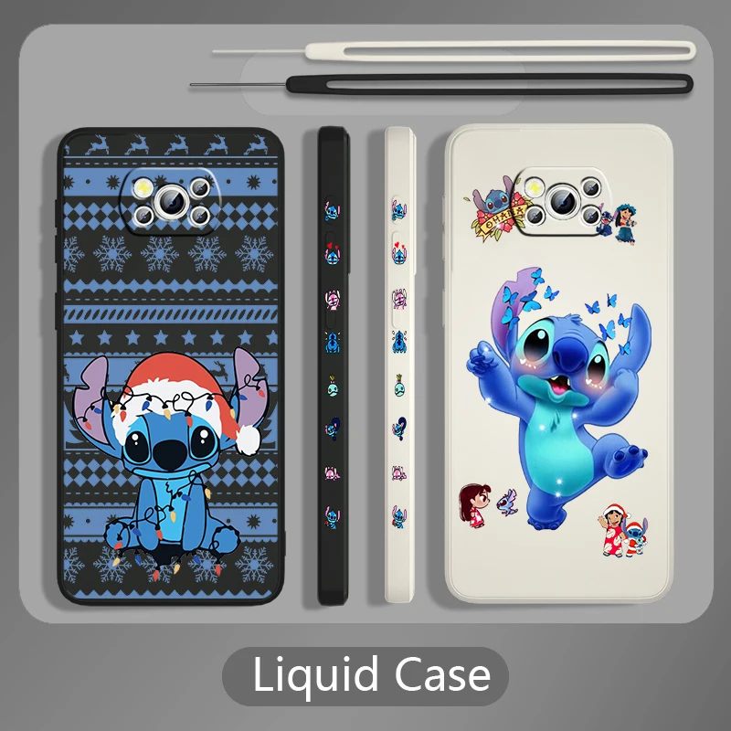 

Lilo Stitch Cute Anime Liquid Left Rope Phone Case For Xiaomi Poco X4 X3 NFC F4 F3 GT M5 M5s M4 M3 Pro C40 C3 5G Cover Shell
